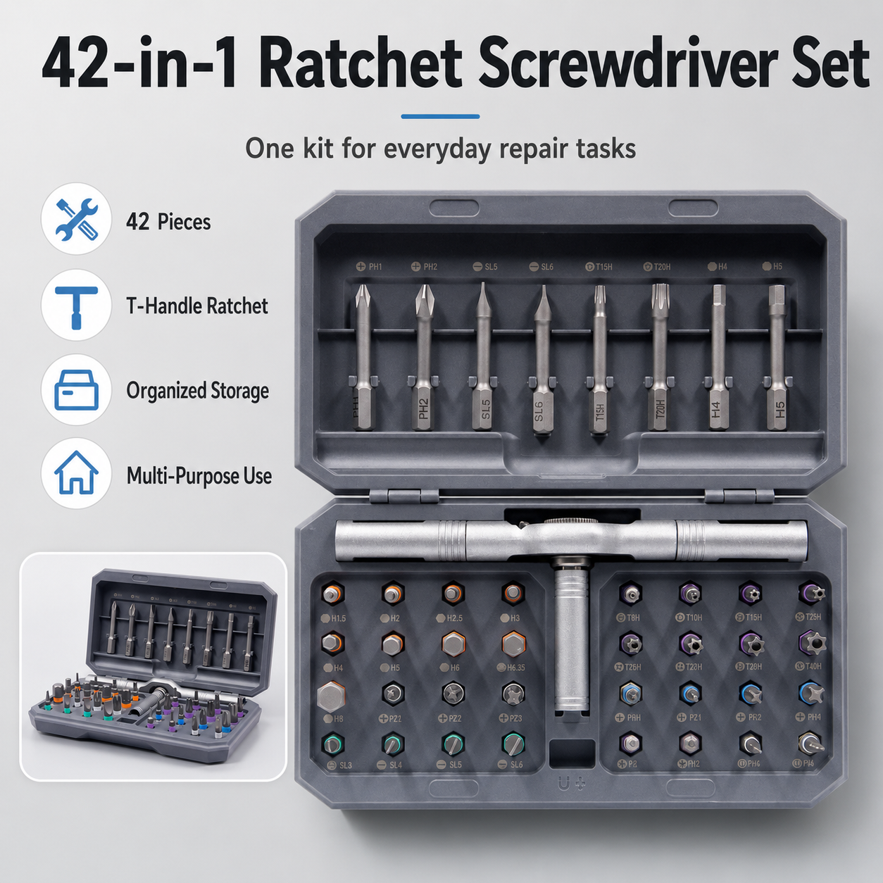 24/42-in-1 Magnetic T-Handle Ratchet Screwdriver Set — More Torque, Less Effort for DIY & Home Repairs