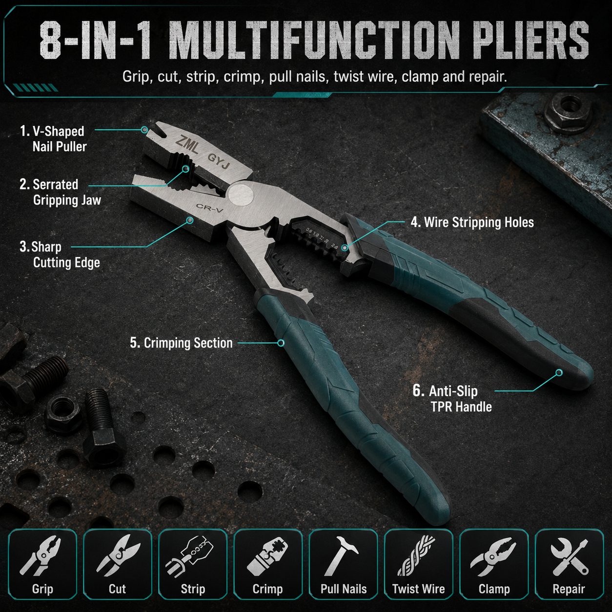 8-in-1 Multi-Function Wire Pliers — Cut, Strip, Crimp & Grip with One Compact Tool